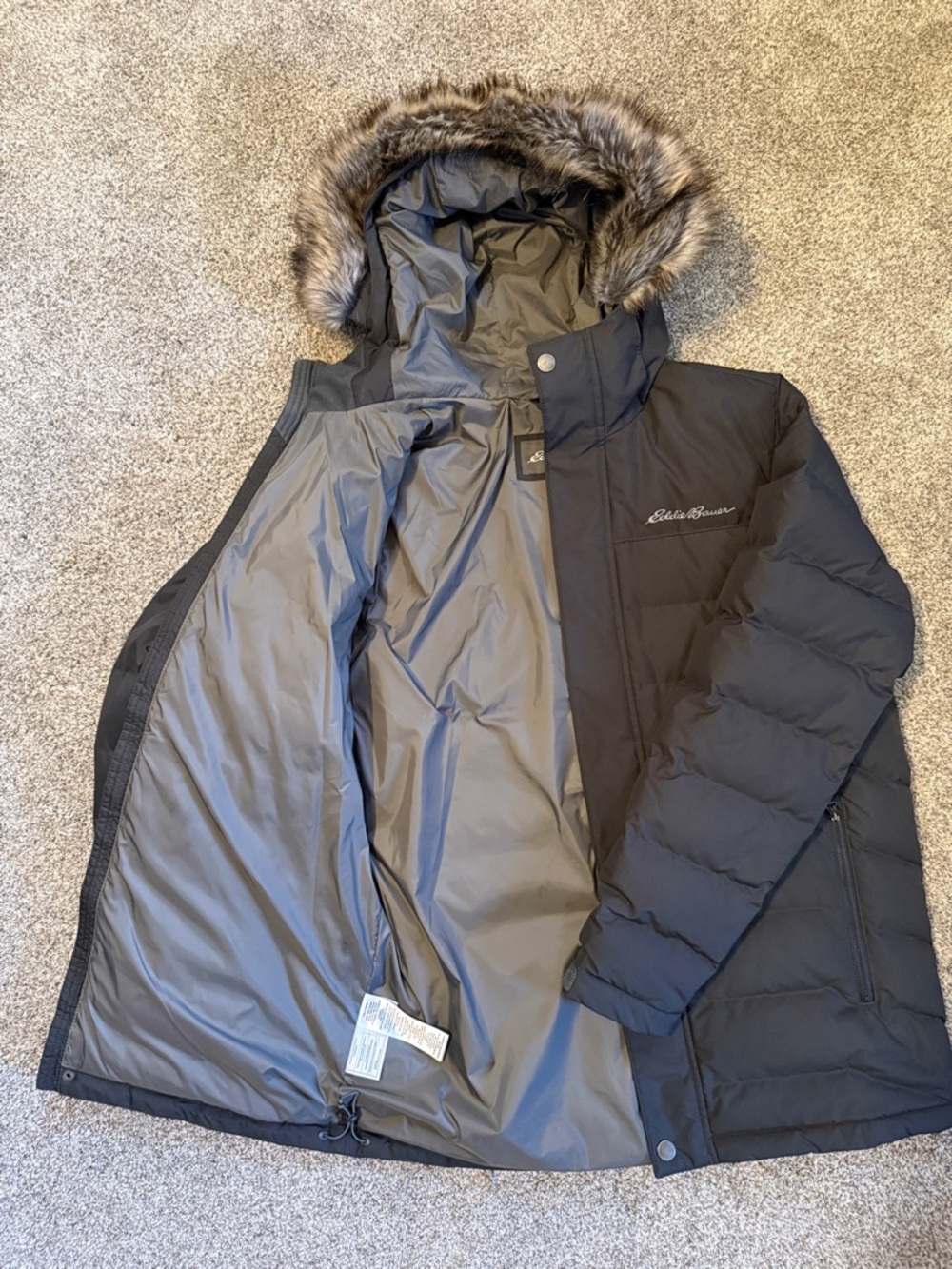 Eddie Bauer Black Hooded Down Jacket with Faux Fur Trim